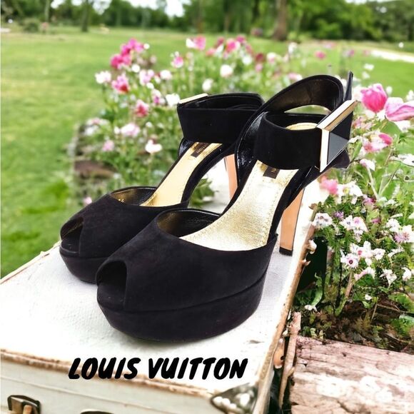 LOUIS VUITTON BLACK SUEDE PEEP TOE ANKLE STRAP PLATFORM HIGH HEEL SANDAL SHOE 35 - Picture 3 of 6